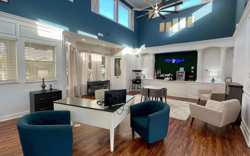 a living room with a large window